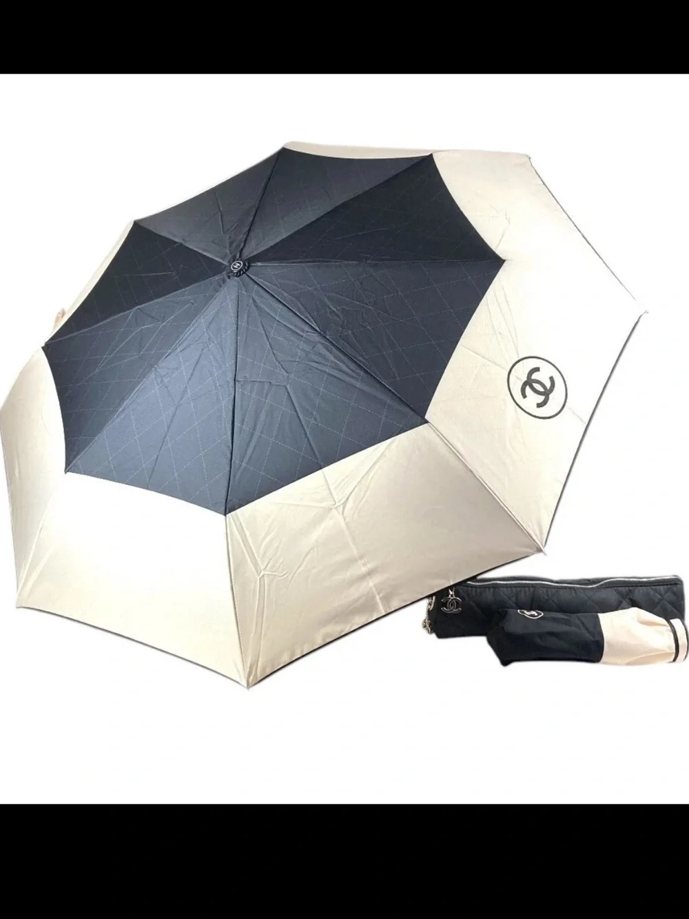 CHANEL CC Mark Compact Retractable Umbrella w/ Sleeve & Quilted Chain Case Bag